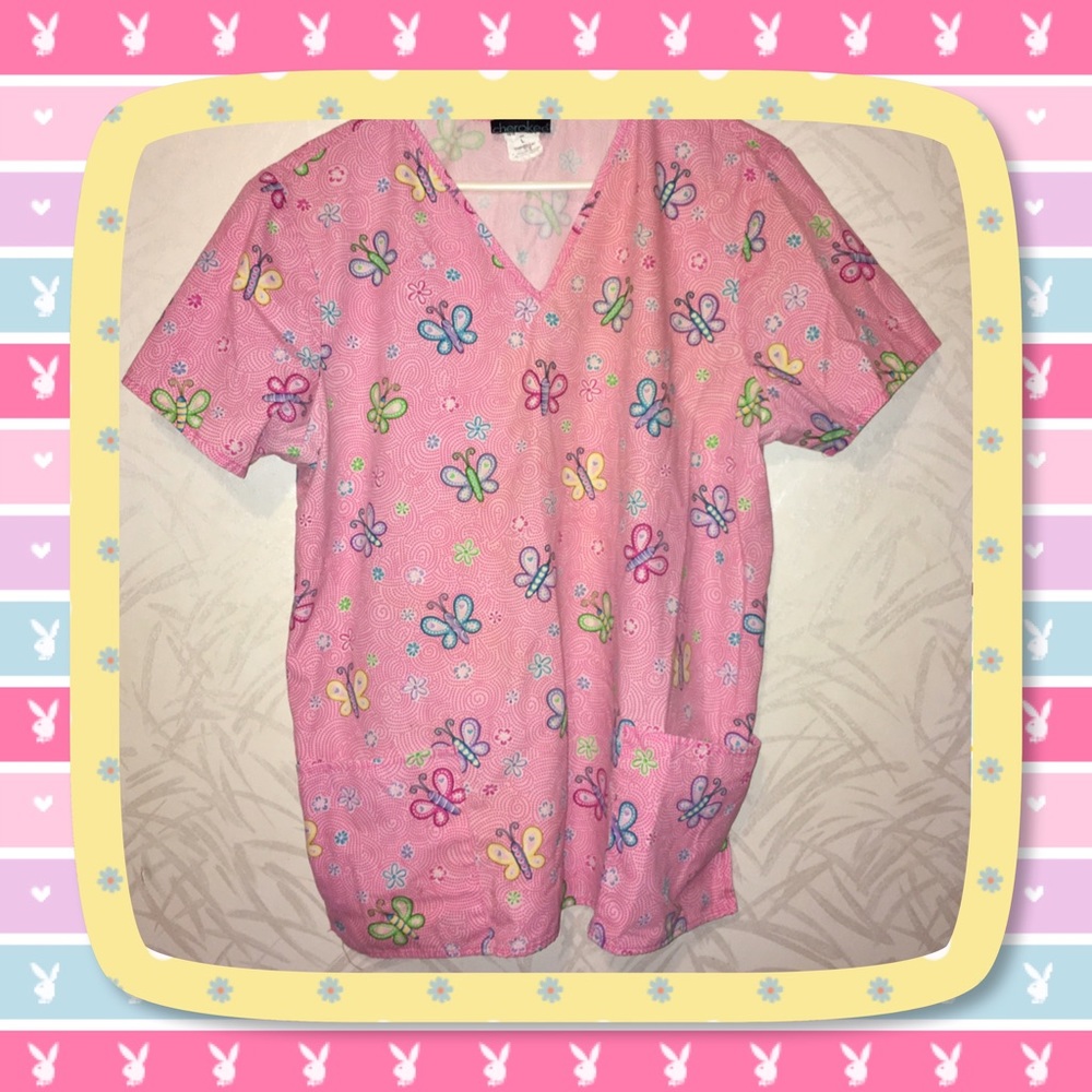 Cherokee Lg Pink Butterfly Scrub Top