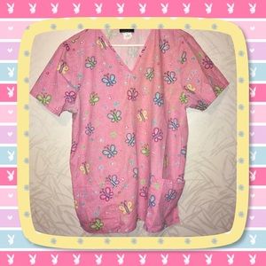 Cherokee Lg Pink Butterfly Scrub Top