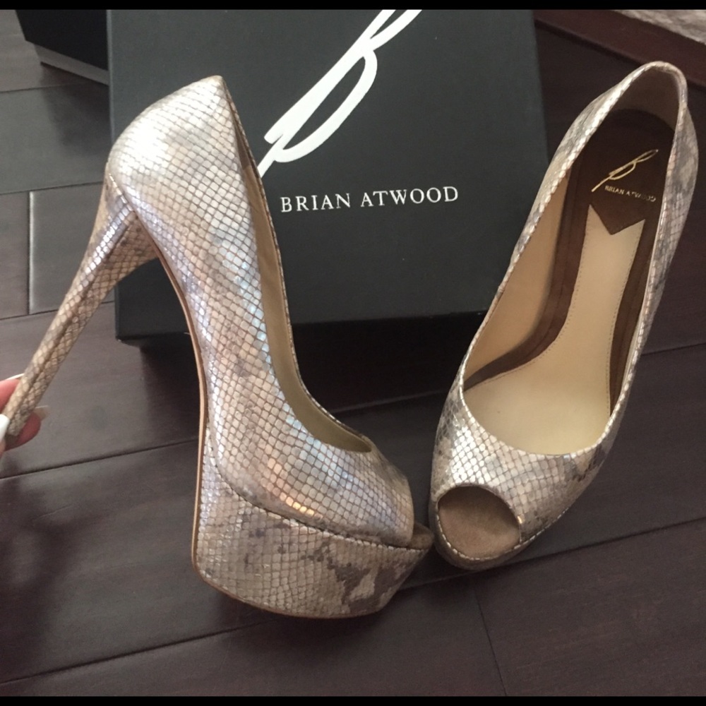 Brian Atwood Platform open toe snakeskin pumps!