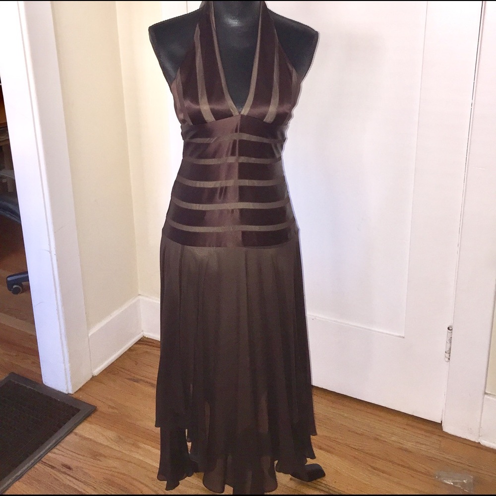 BCBGMaxAzria Brown Halter Top Prom Silk Dress