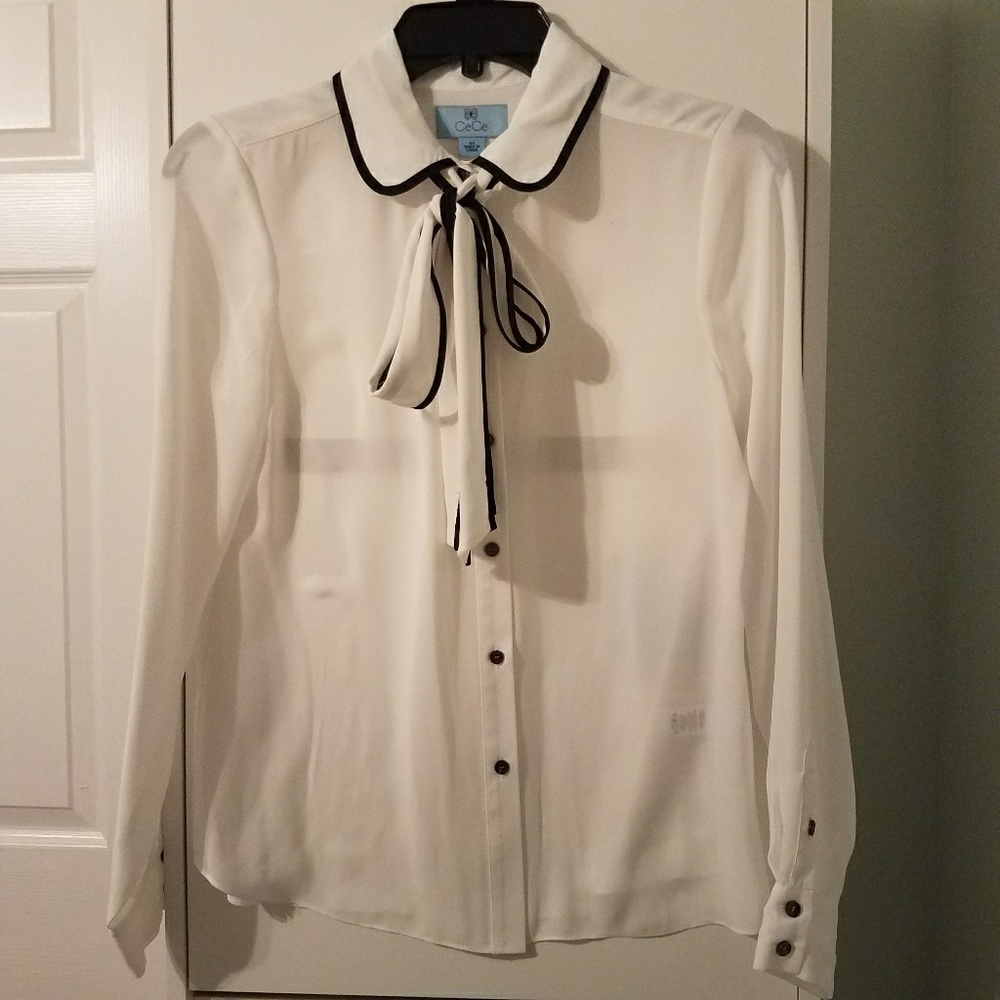Cece Button Up Tie Neck Blouse