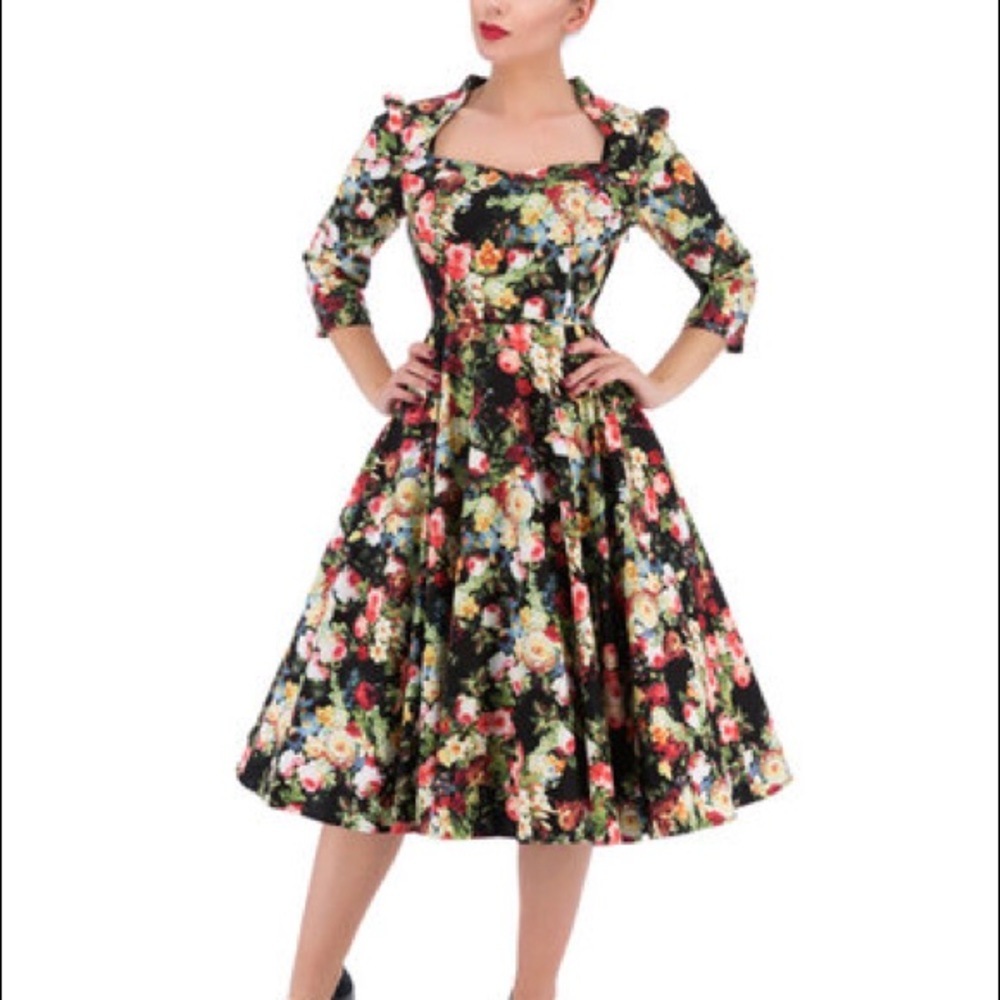 Retro Pinup Black Floral Tea Length Dress Size 12