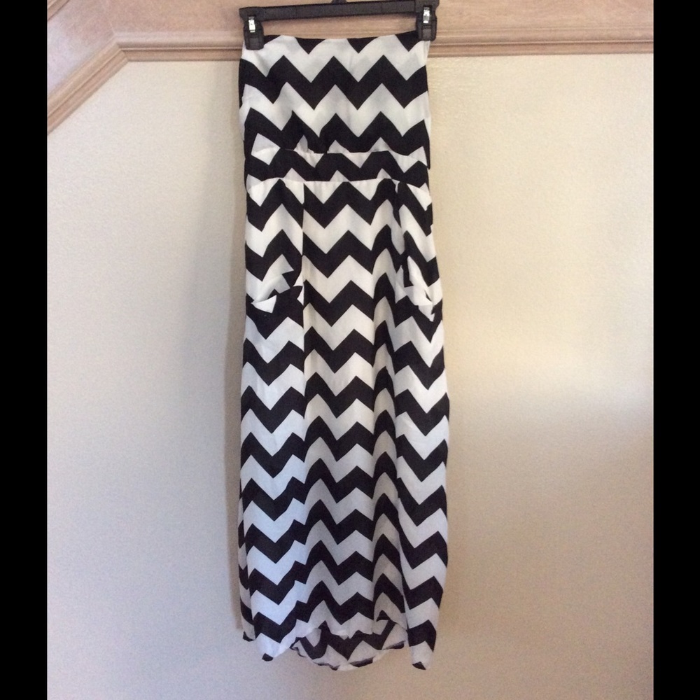 Black and White Chevron Strapless Maxi Dress
