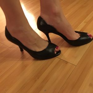 Black genuine leather peep toe heels