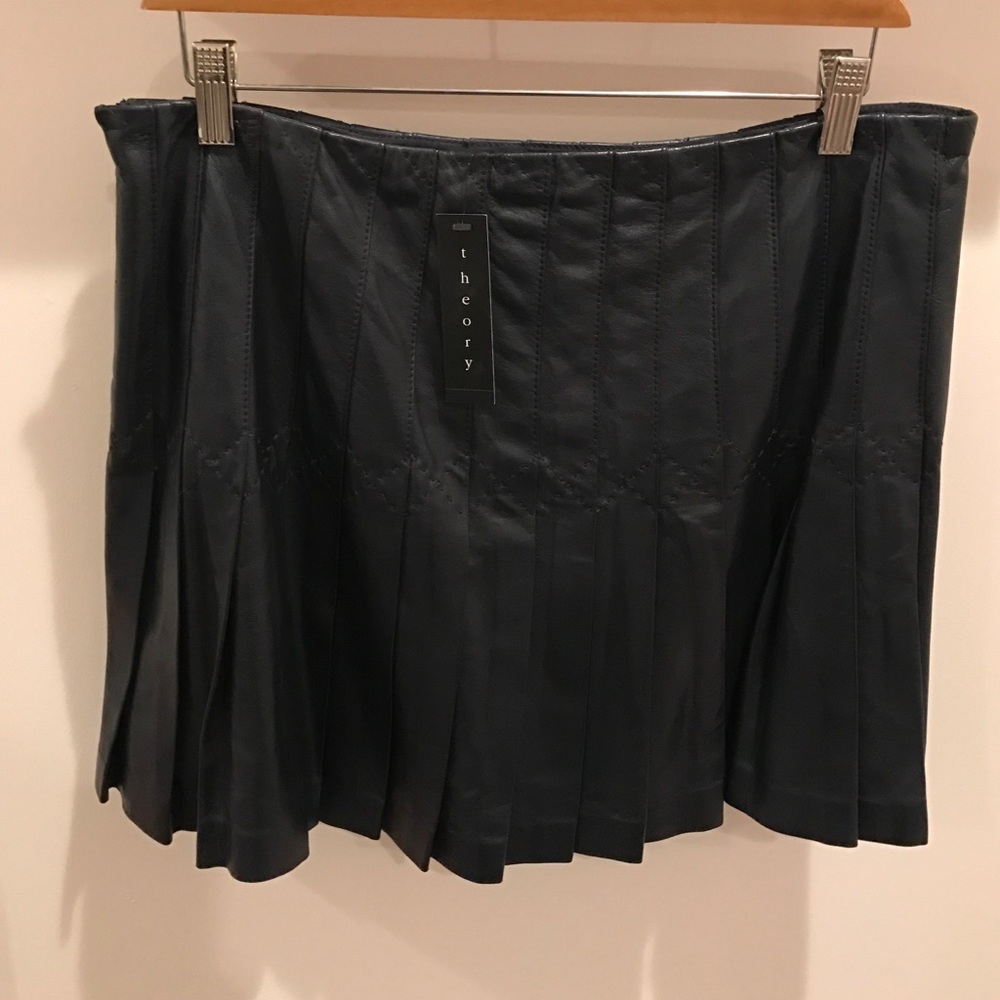 Theory Pleated Navy Leather Skirt