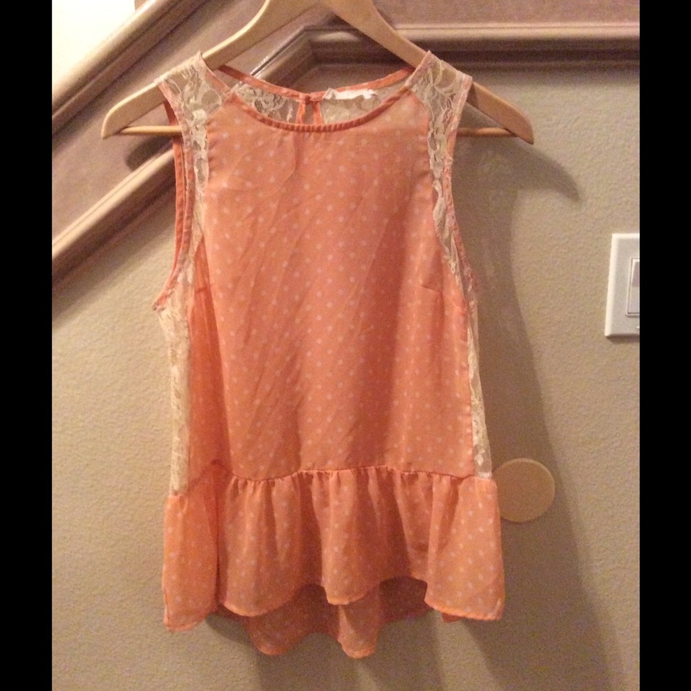 Pastel peach polka dot and lace blouse