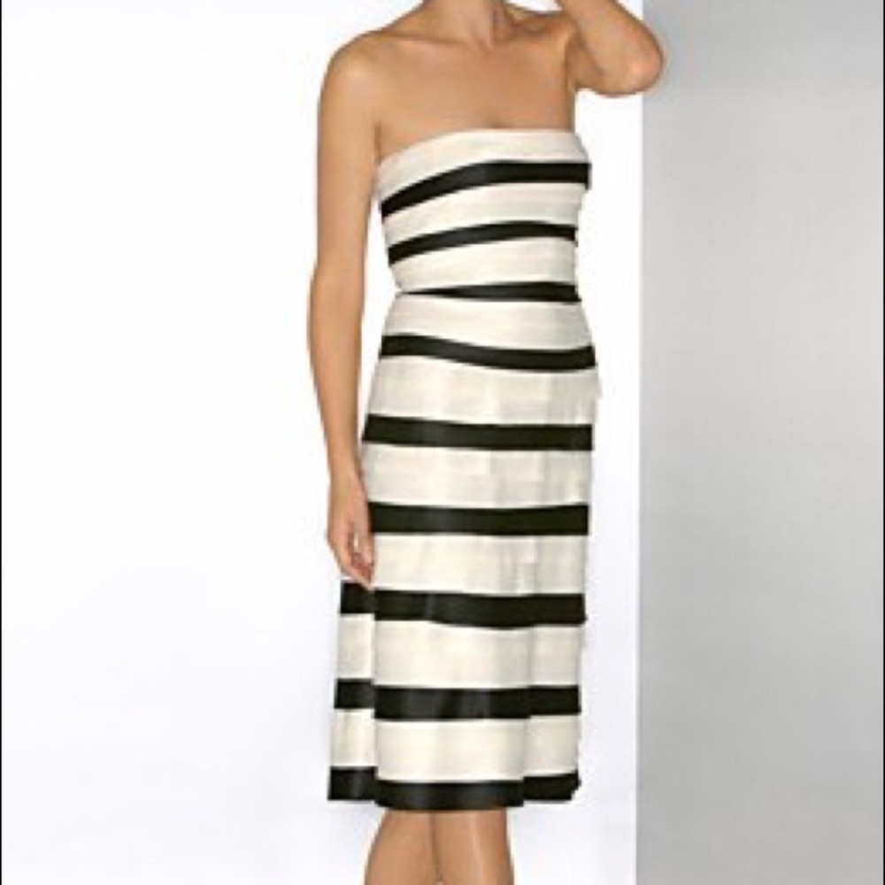 Black and white striped strapless dress.