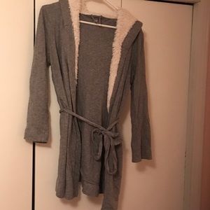 Aerie gray fur-hooded robe