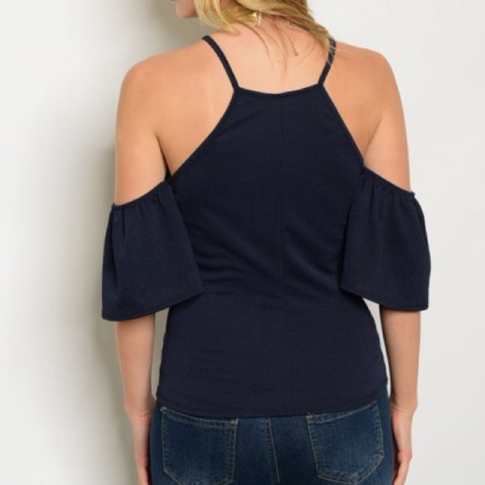 Navy Ruffle Cold Shoulder Top - L - Picture 2 of 5