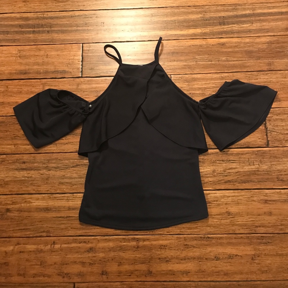 Navy Ruffle Cold Shoulder Top - L - Picture 3 of 5