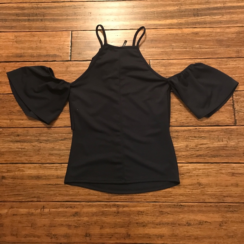Navy Ruffle Cold Shoulder Top - L - Picture 4 of 5