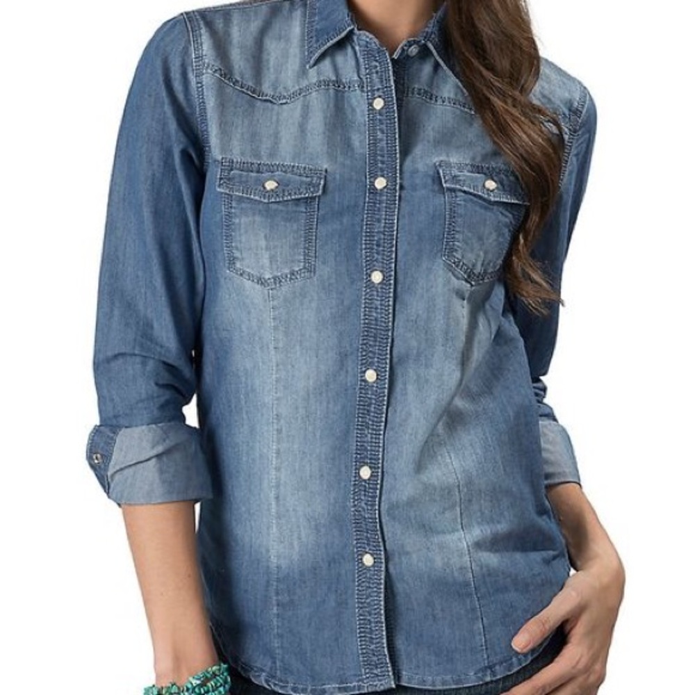 Distressed Chambray Top