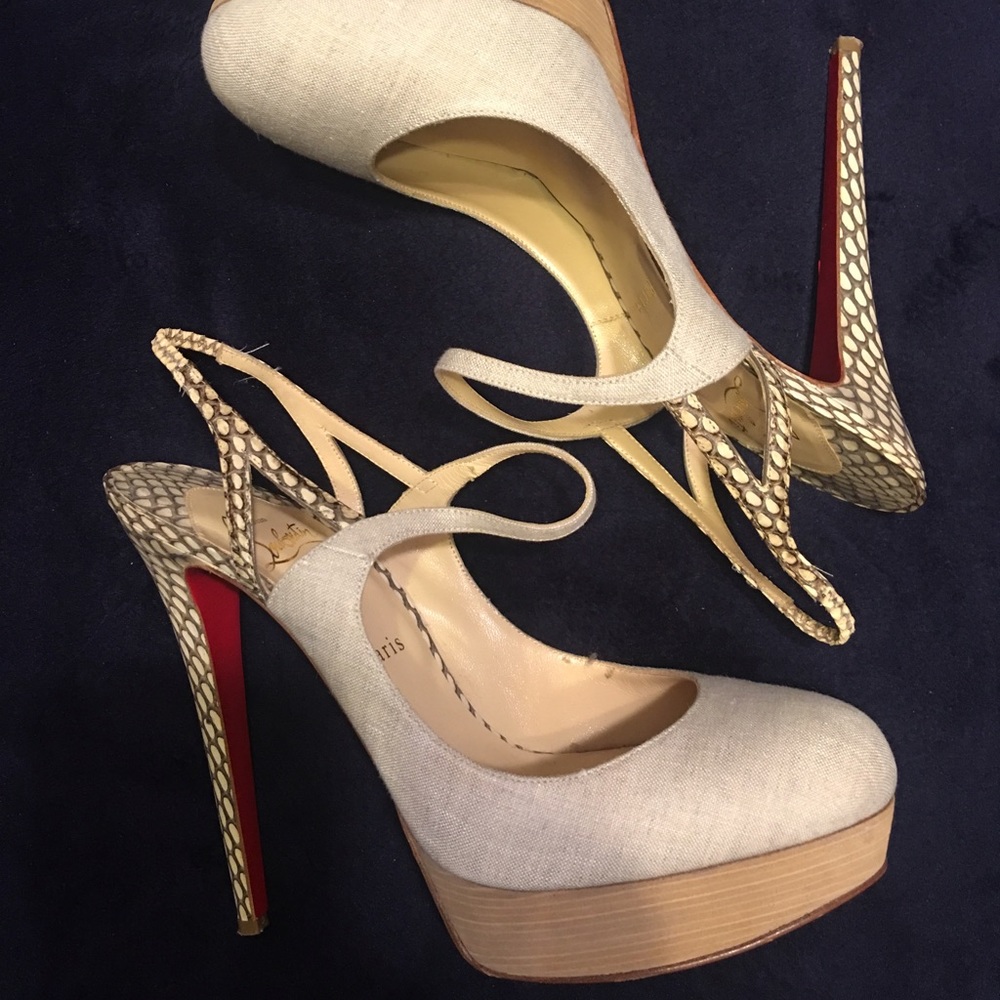 Christian Louboutin Linen toe and snakeskin heel