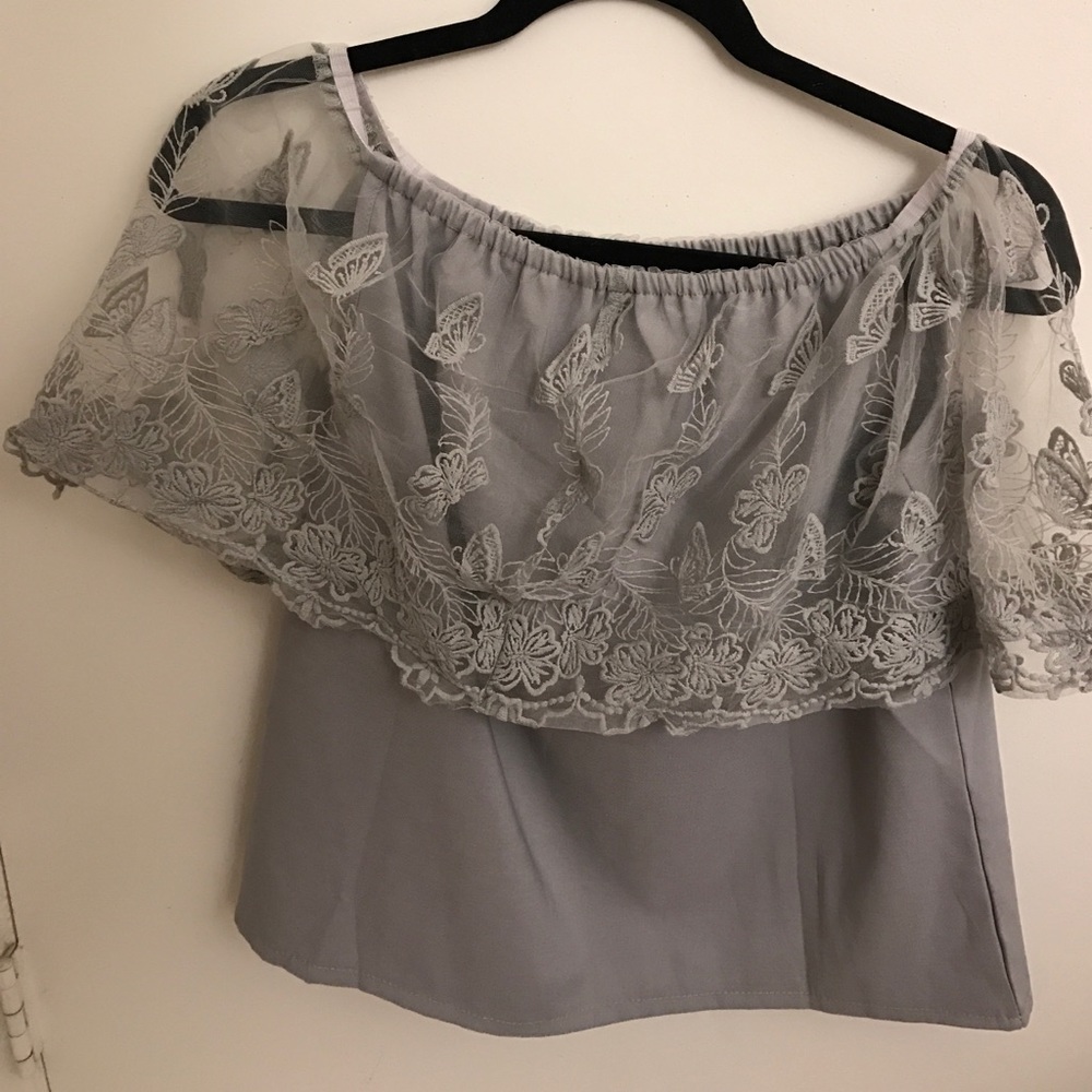 Off-Shoulder Gray Lace Top