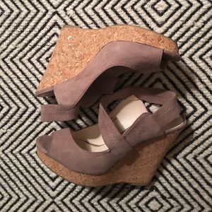 Light brown suede cork heeled wedges.
