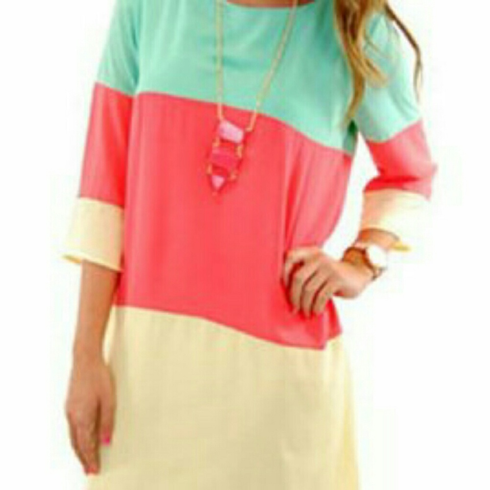 3/4 Sleeve Keyhole Shift Dress orange/teal/yellow