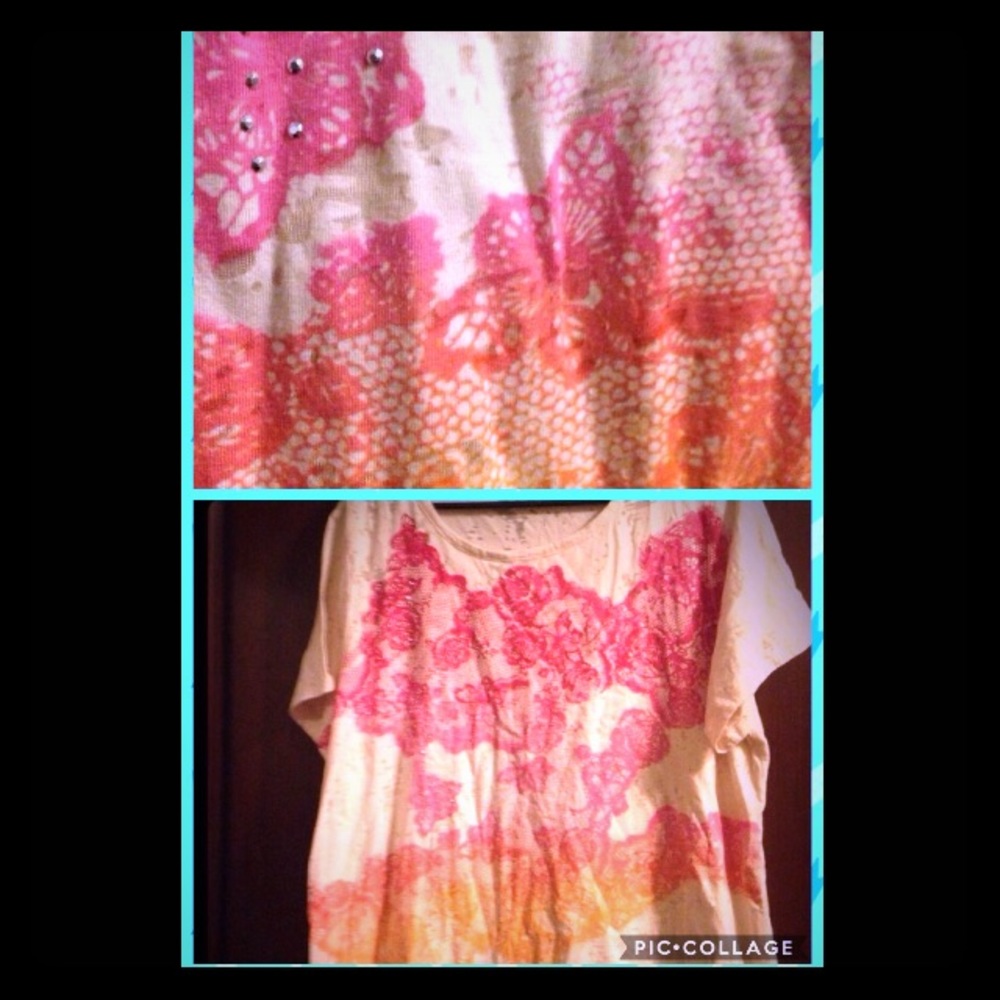 2x burnout tshirt with rhinestones & lace pattern