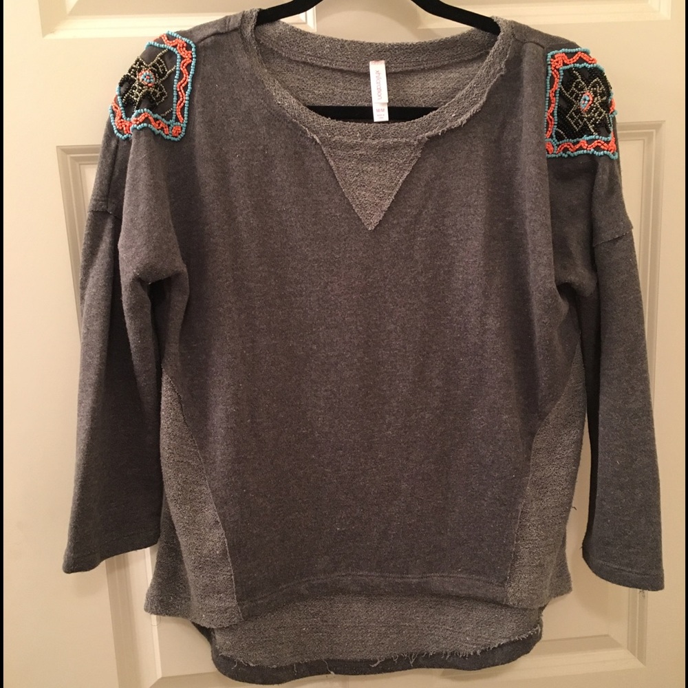 Crew Neck Sweatshirt Sweater with Beaded Shoulders