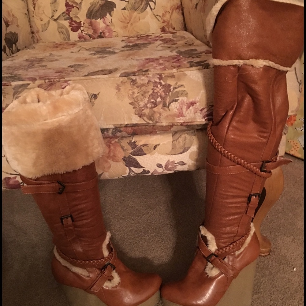 Camel suede fur faux over the knee boots