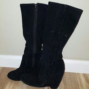MIA Giovanna Black Suede Ruffle Wedge Boot