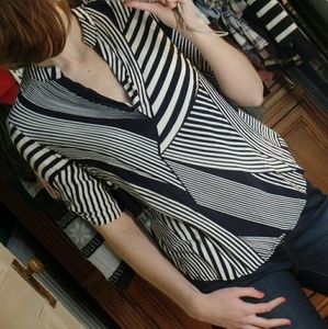 Striped, Quarter-Sleeved , V-Neck Blouse