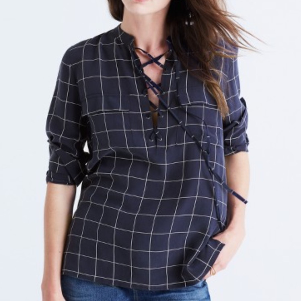 NWT Madewell lace up windowpane shirt