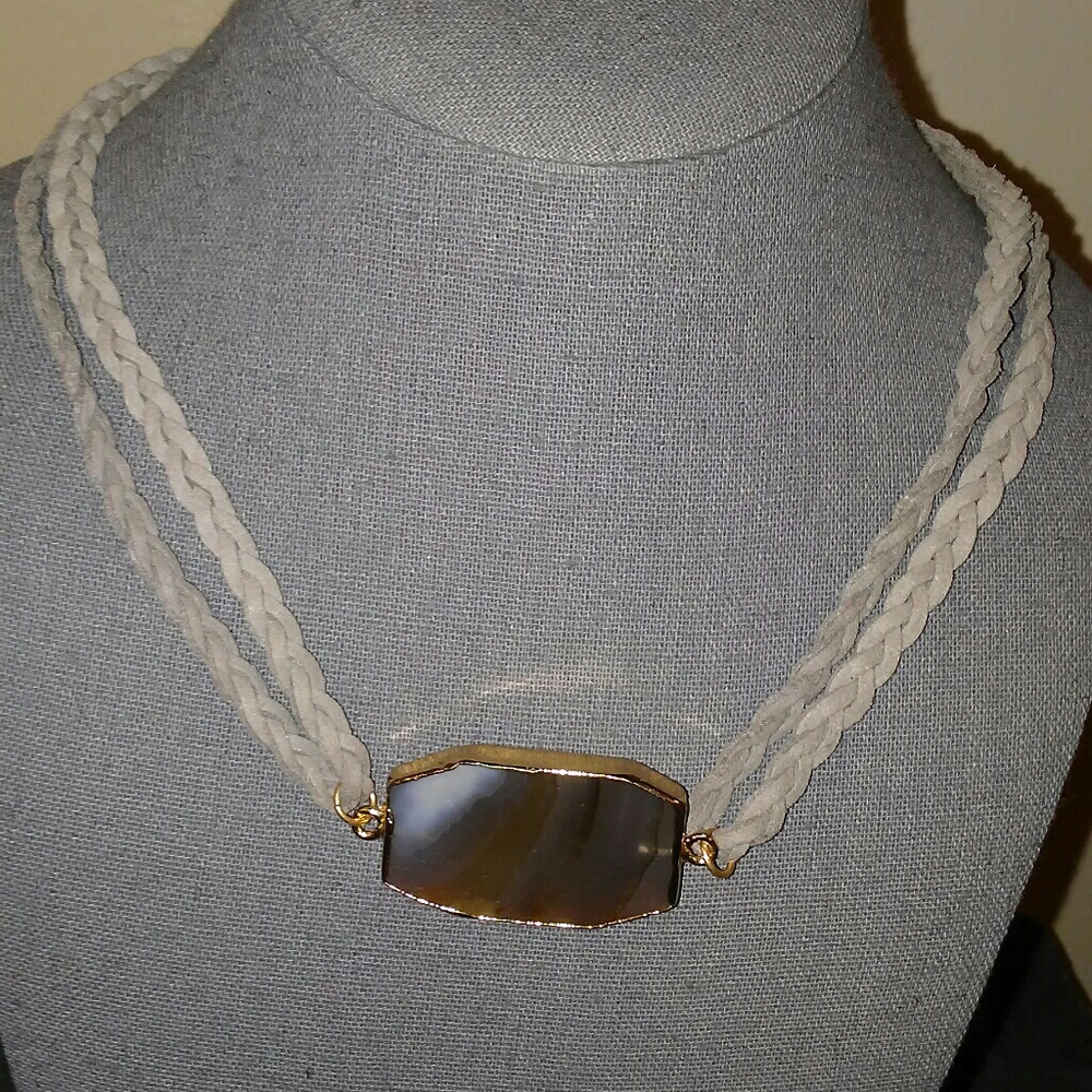 New grey suede leather braided stone necklace