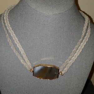 New grey suede leather braided stone necklace