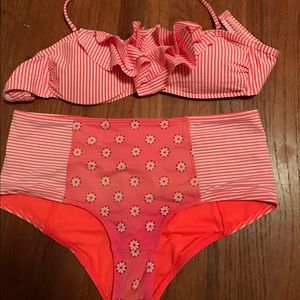 Coral Seersucker Bikini Top