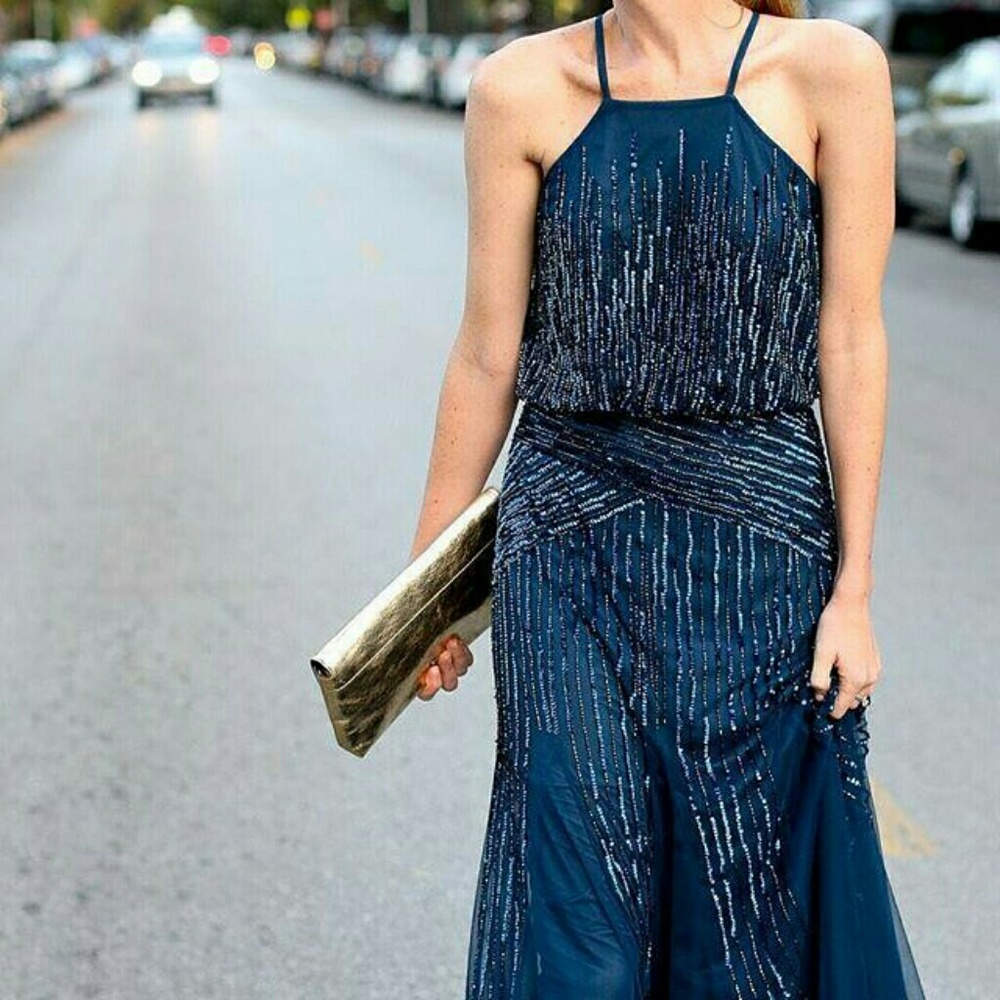 Blue beaded sequin blouson dress