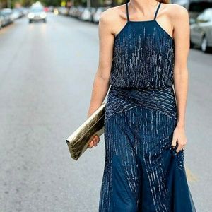 Blue beaded sequin blouson dress