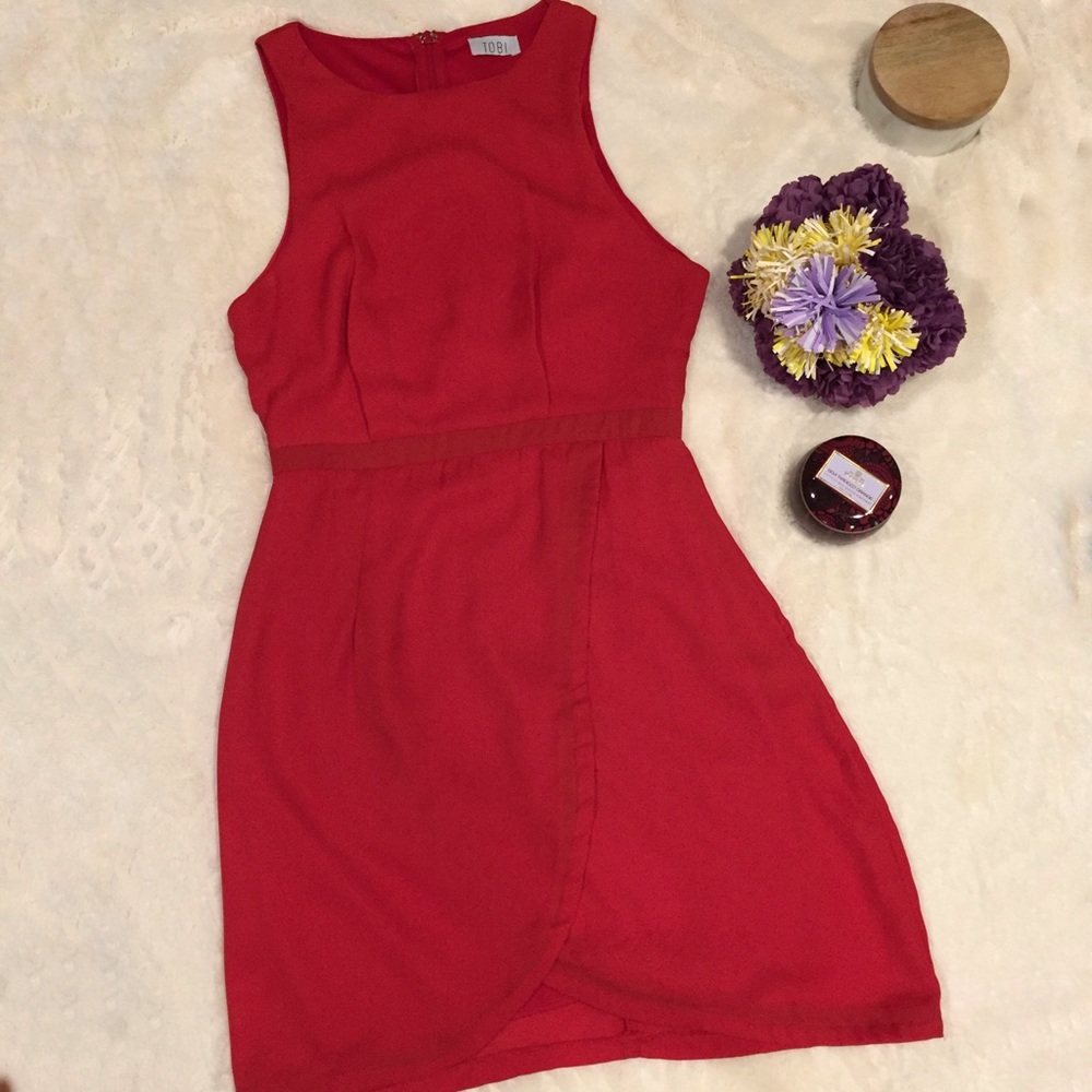 Red Tobi dress with tulip hem