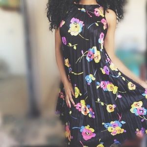 Black and Floral Indian Flare and Pleated Dress