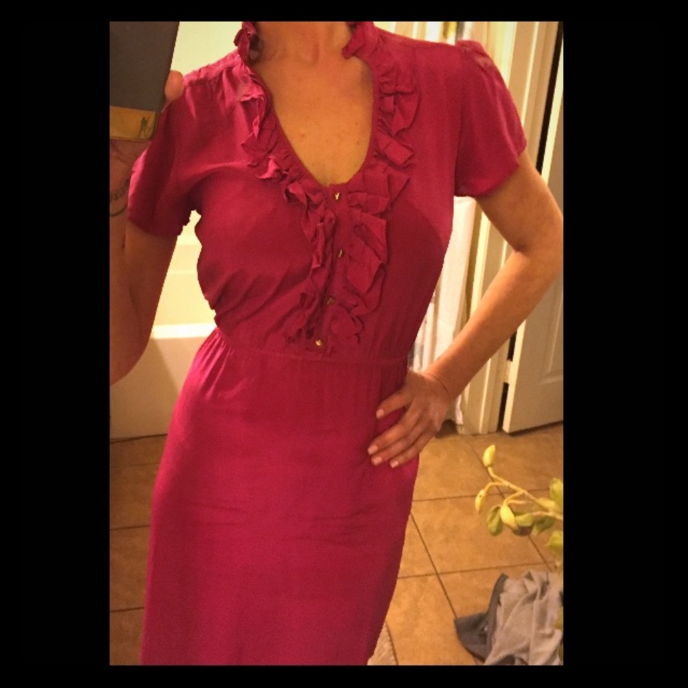 SALE🔥100% Silk Fuchsia Dress w/ Ruffled Neck Detail NWT