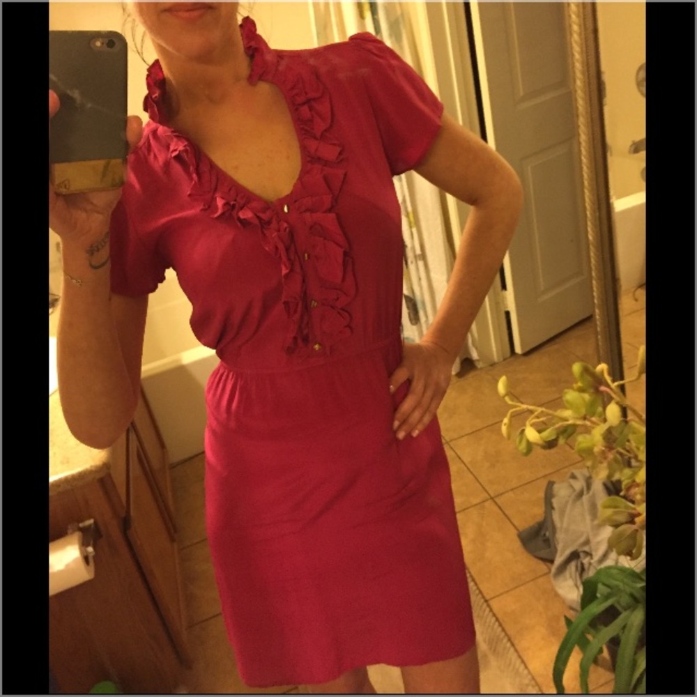 SALE🔥100% Silk Fuchsia Dress w/ Ruffled Neck Detail NWT - Picture 3 of 4