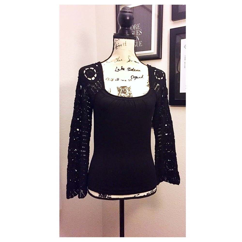 Black Silk Blend Top with Crocheted Sleeves