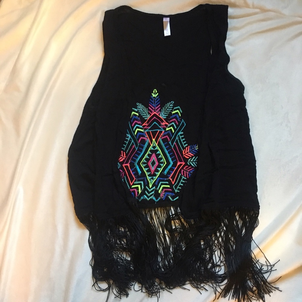 Black Fringe Vest with Neon Design, Small/Medium
