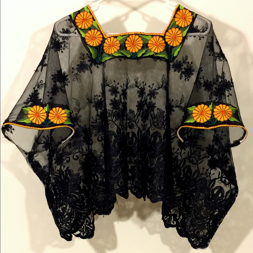 Black huipil, flower shirt, cover up
