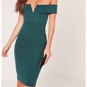 NWT forest green vneck off the shoulder midi dress