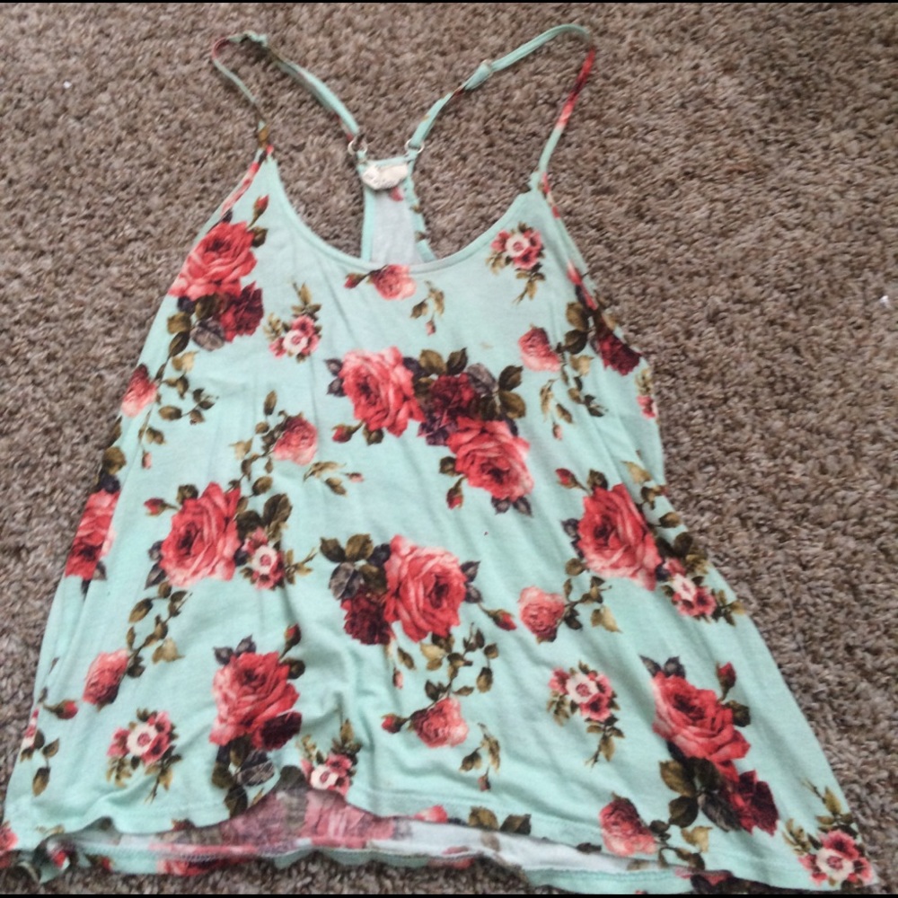 Flowy light blue tank top with roses