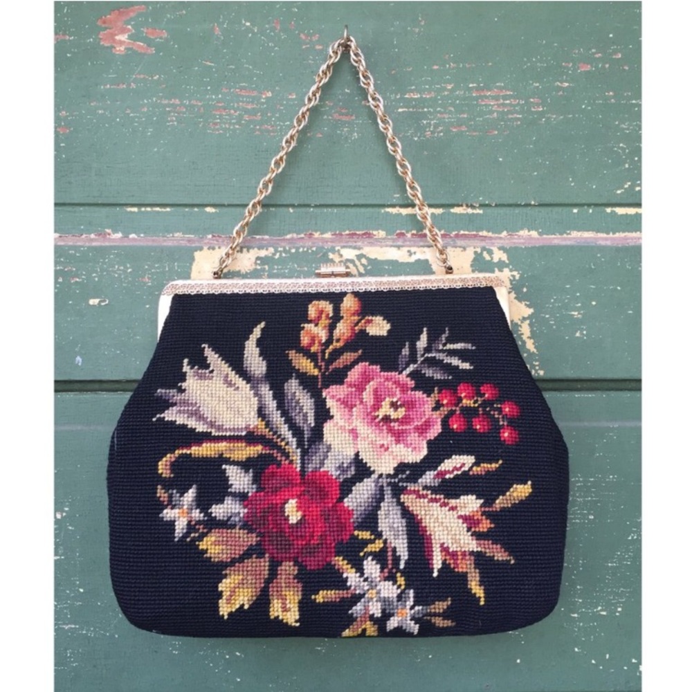 Vintage Black Floral Woven Handbag