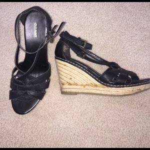 Black, ankle strap wedges. Size 8