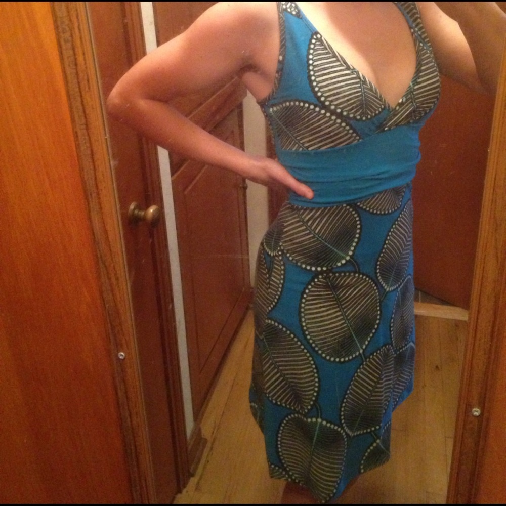 Patagonia dress with blue leaf print