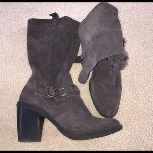 Dark grey, mid calf, heeled boots. Size 8 1/2