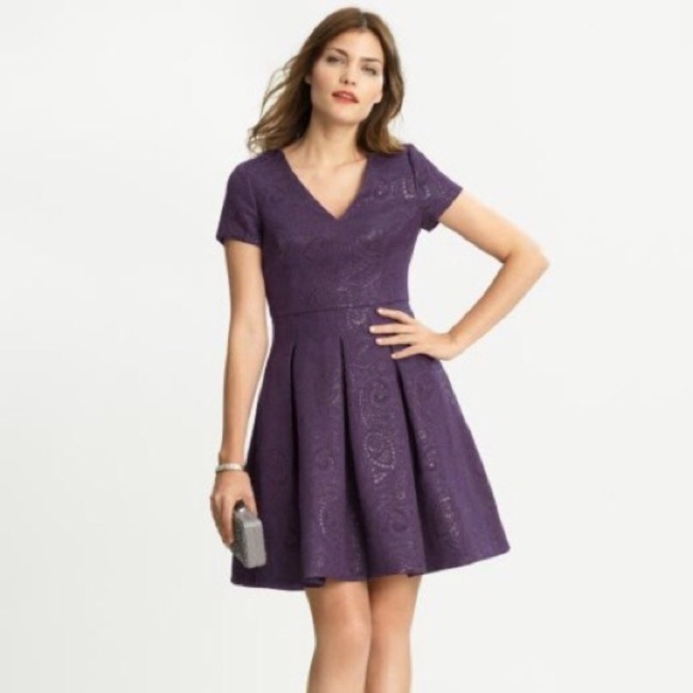 Banana Republic Purple Pleated Jacquard Dress