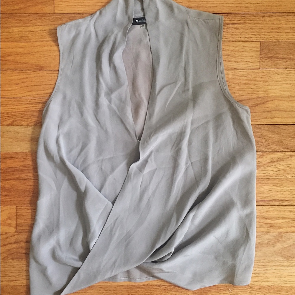 Gray silky shell with deep v-neck and pleats