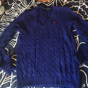 Blue V-neck Cable Knit Sweater
