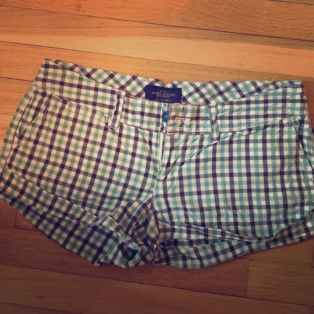 Green, blue and white plaid American Eagle shorts