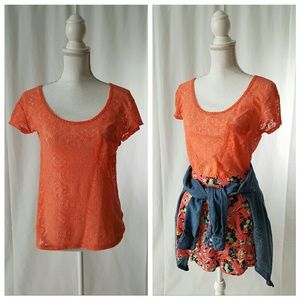 KIMCHI BLUE Peach Geometric Lace Top