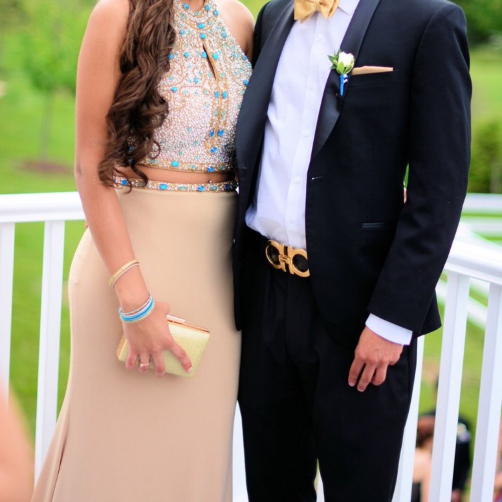 two piece tan prom dress